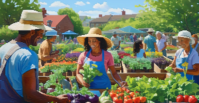 A lively community garden where people of different ages are engaged in gardening activities under a bright blue sky.