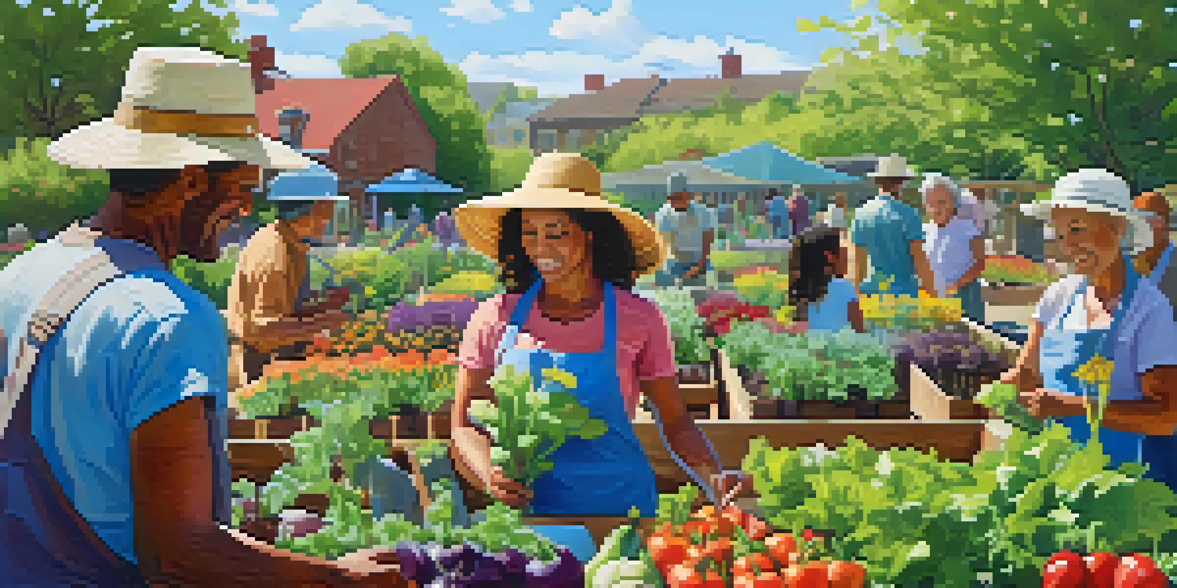 A lively community garden where people of different ages are engaged in gardening activities under a bright blue sky.