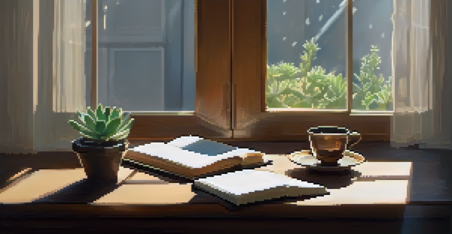 A peaceful workspace featuring a wooden desk with an open journal, a pen, a cup of herbal tea, and a succulent plant, illuminated by soft morning light.