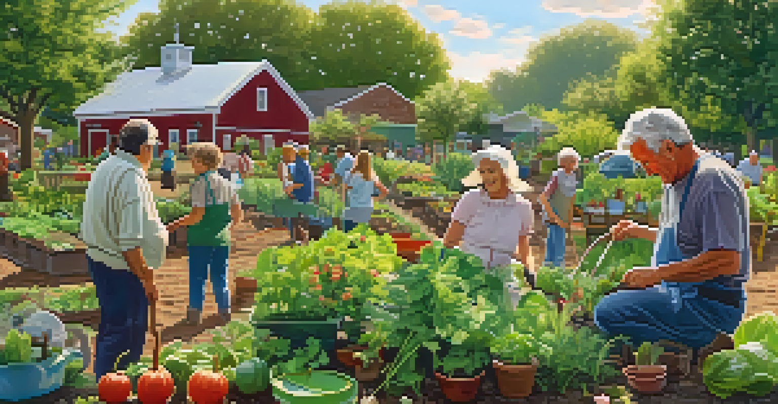 A community garden with people of various ages planting and nurturing plants, showcasing collaboration and healthy living.