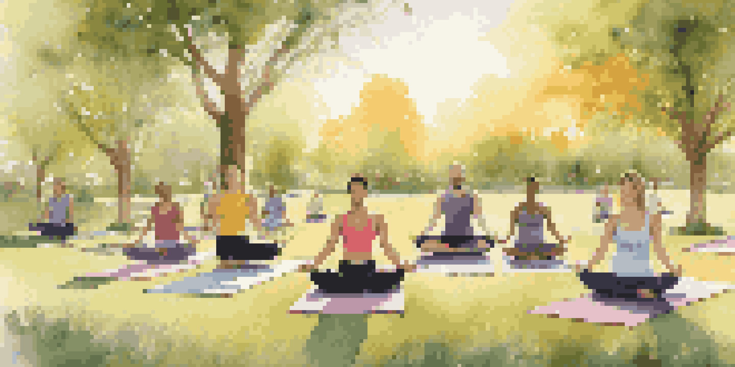 A diverse group practicing yoga in a peaceful park at sunrise, surrounded by greenery and flowers.