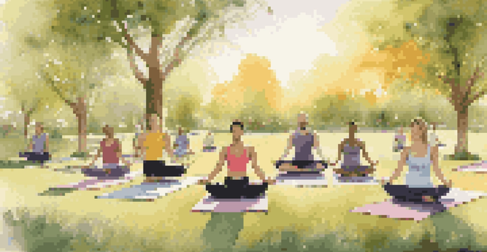 A diverse group practicing yoga in a peaceful park at sunrise, surrounded by greenery and flowers.