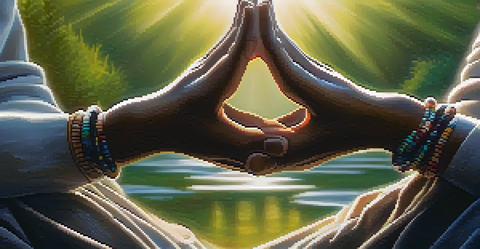 A close-up of hands in a mudra position during meditation, with a nature background and soft sunlight.