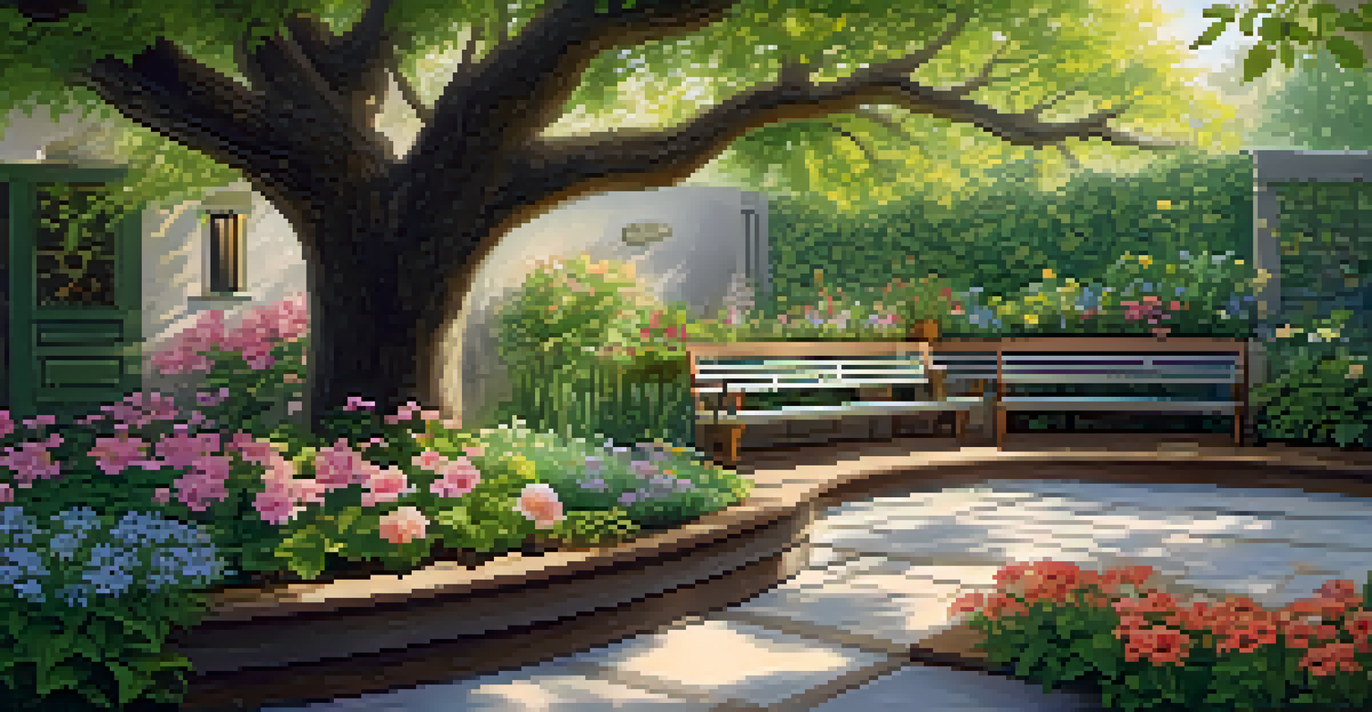 A peaceful garden space for seniors with raised beds, wide paths, and a bench under a tree.
