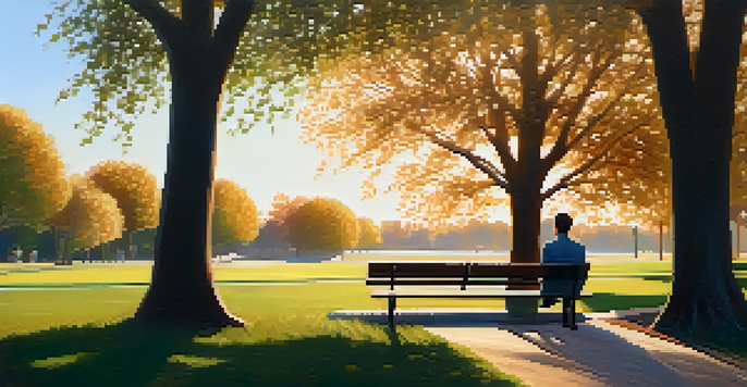 A peaceful park with a person sitting on a bench, looking at trees, illuminated by golden hour sunlight.