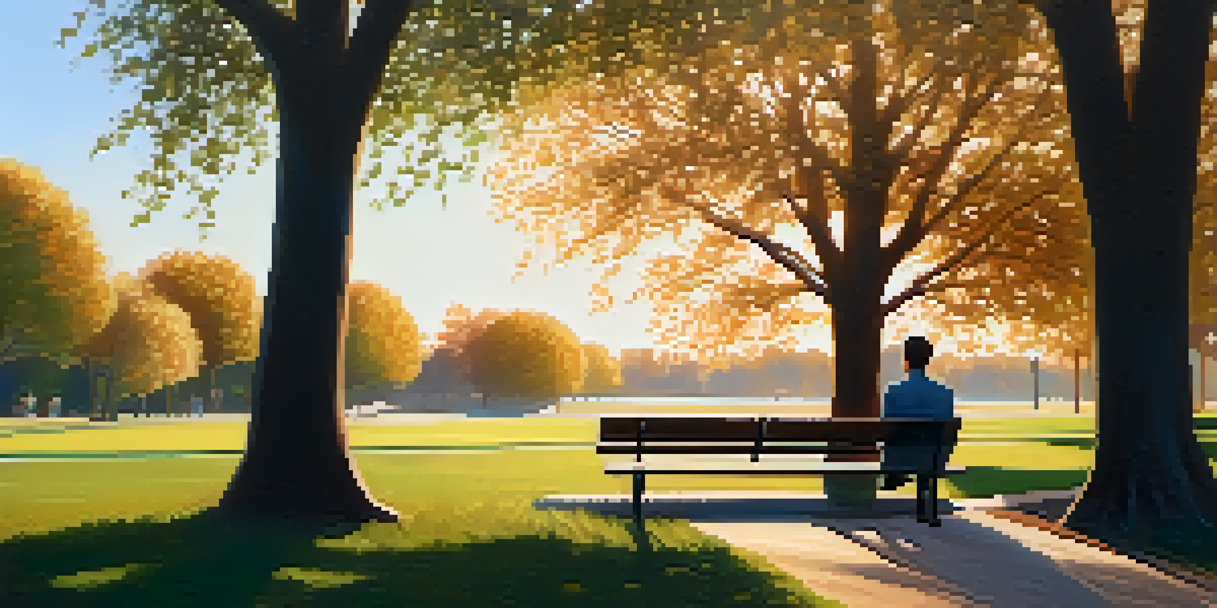A peaceful park with a person sitting on a bench, looking at trees, illuminated by golden hour sunlight.