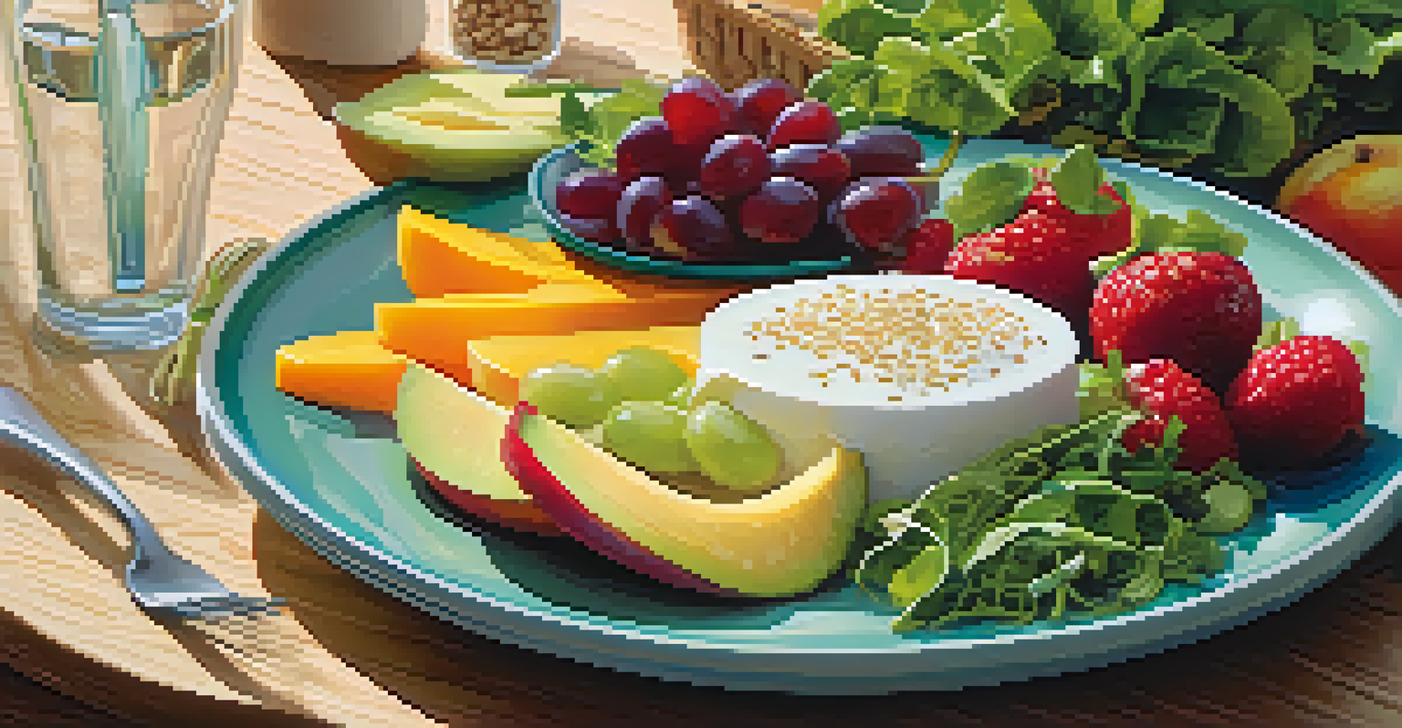 A colorful plate of nutritious food including leafy greens, fruits, and whole grains, presented on a wooden table with natural lighting.