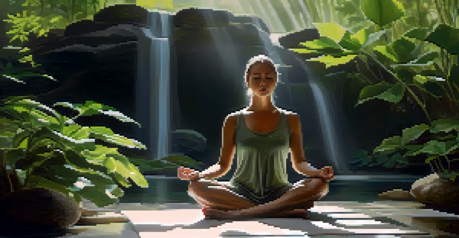 A person meditating peacefully in a serene nature setting, surrounded by soft green plants and gentle sunlight.