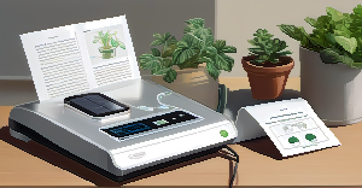 A TENS unit with a booklet explaining its use on a table with a potted plant in the background.