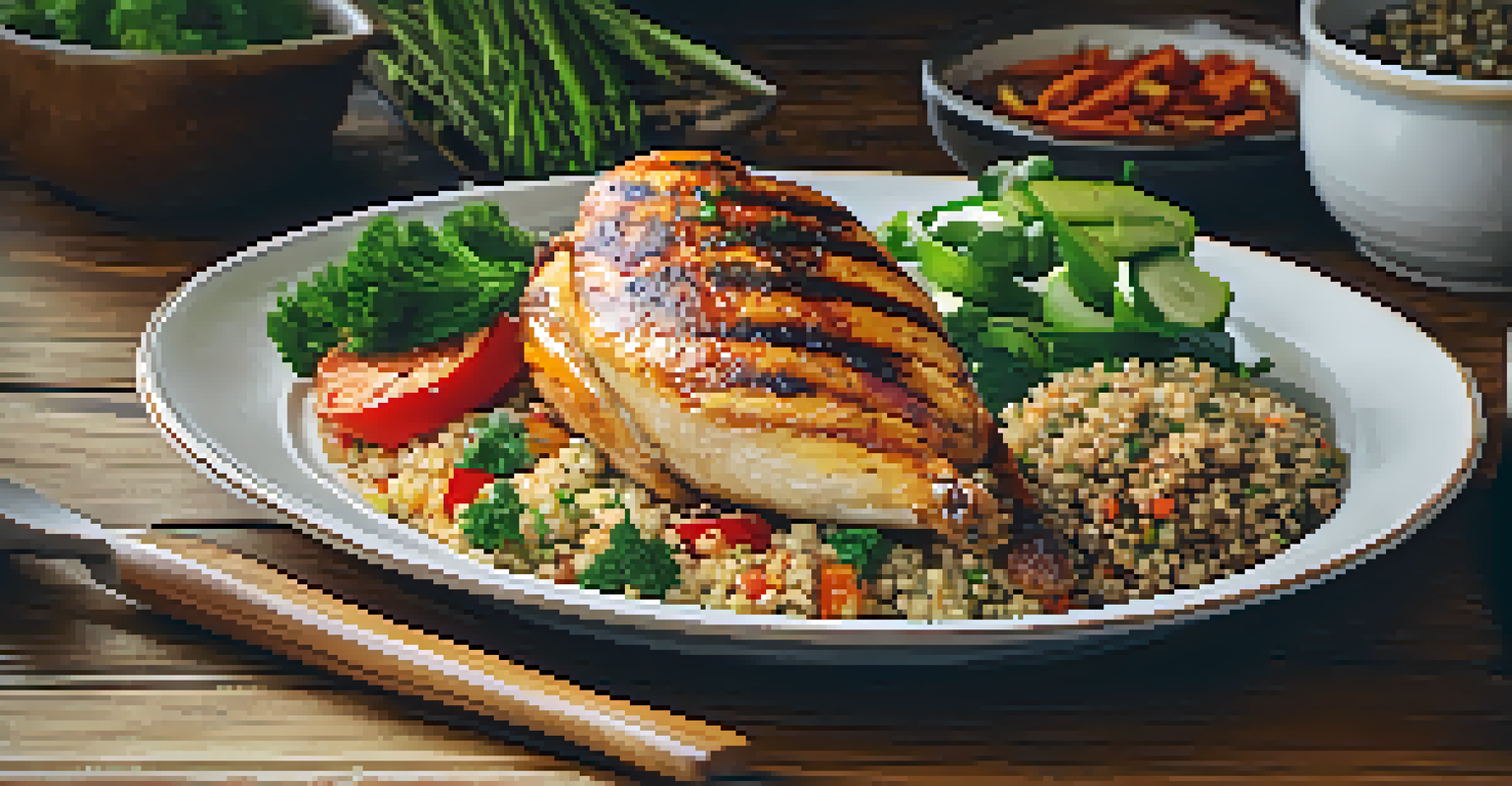 A close-up of a balanced meal with grilled chicken, quinoa, and colorful steamed vegetables on a rustic table, beautifully arranged.