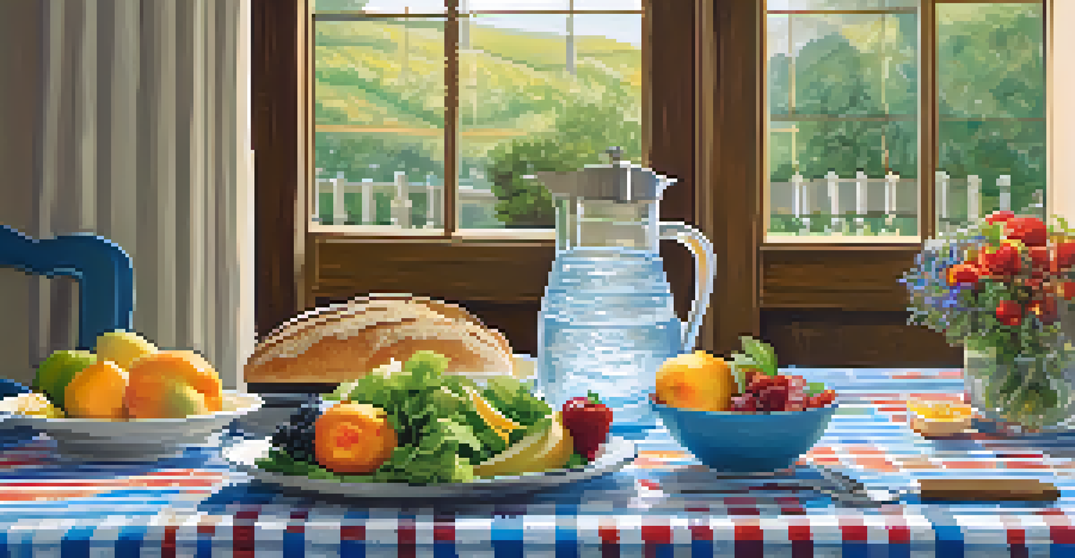 A dining table beautifully set with a healthy meal for seniors, including a salad and infused water.
