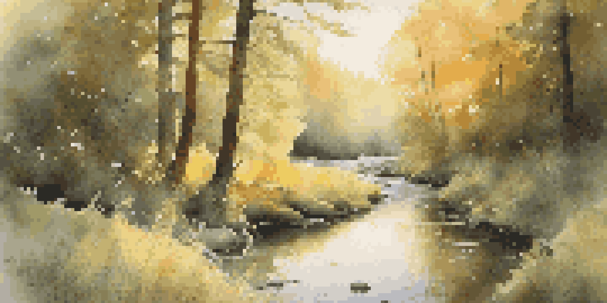 A peaceful forest at sunset with sunlight filtering through leaves, a clear stream, and blooming wildflowers.