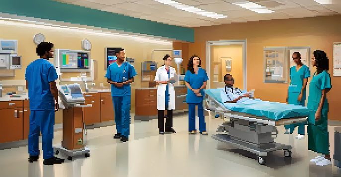 A diverse group of healthcare professionals communicating with a patient in an emergency room, showcasing empathy and cultural awareness.