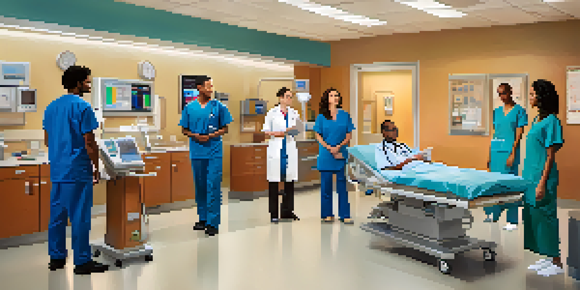 A diverse group of healthcare professionals communicating with a patient in an emergency room, showcasing empathy and cultural awareness.