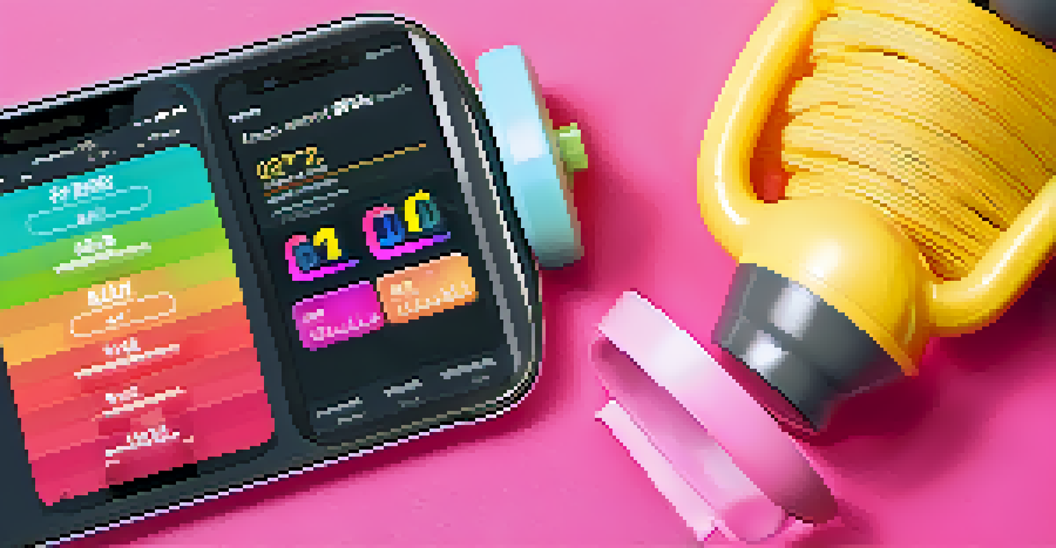 A smartphone on a fitness mat displaying a personalized fitness app with workout statistics and motivational messages, surrounded by workout gear.