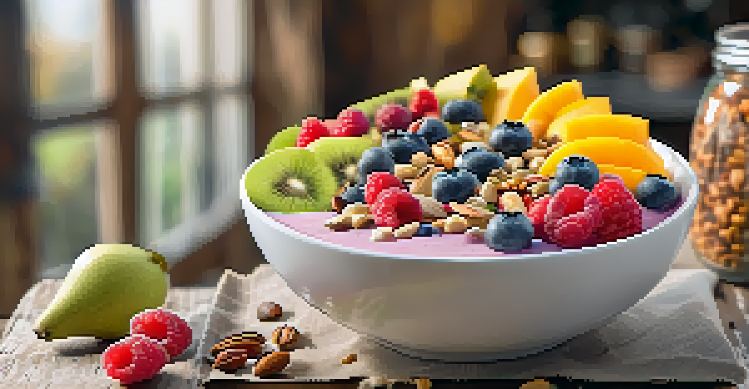 A colorful smoothie bowl decorated with various fruits, nuts, and seeds, placed on a rustic wooden table with fresh ingredients around it in a sunny kitchen.