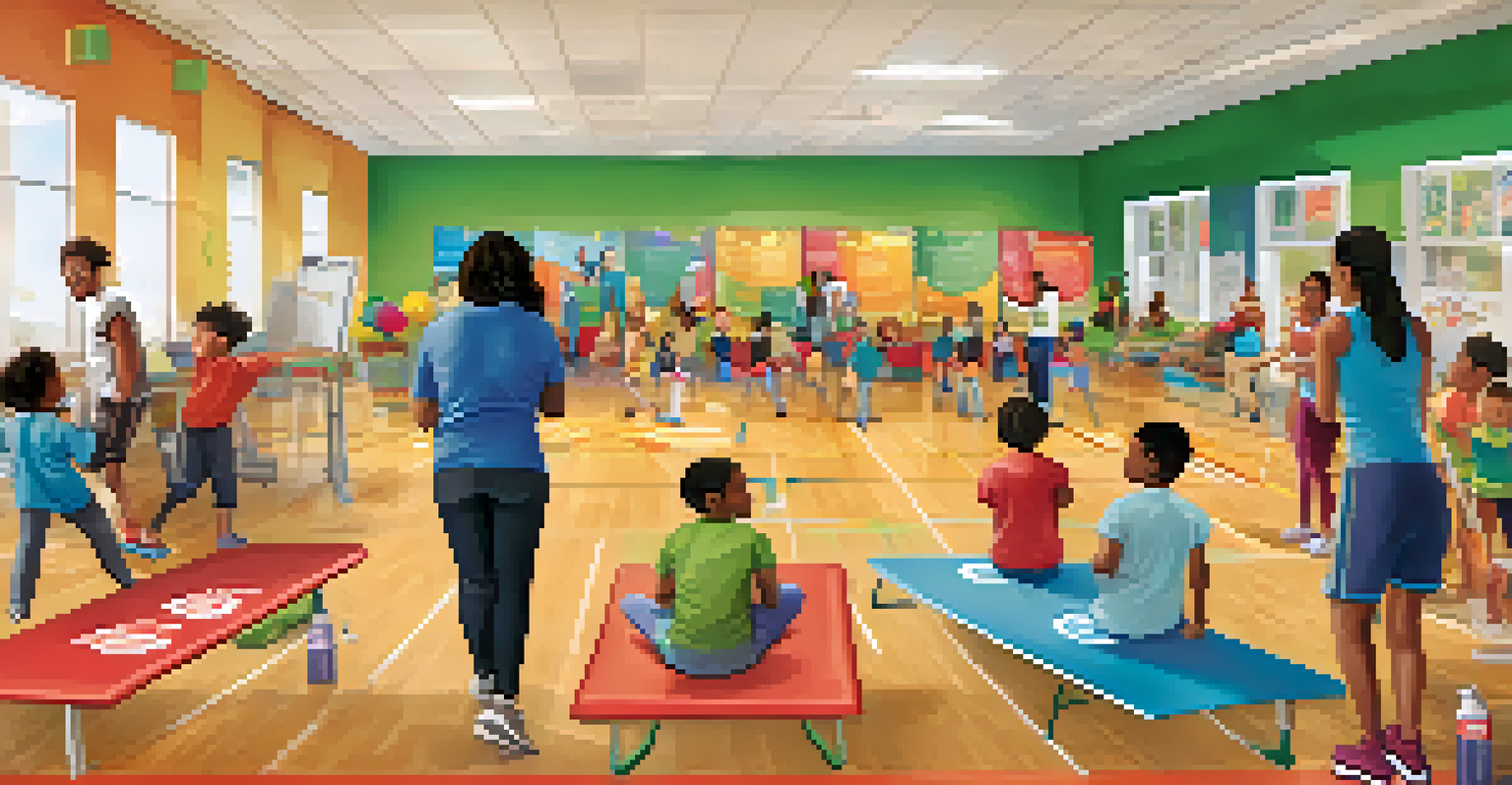 Parents and children participating in health games at a school gym during a family health night event, surrounded by colorful decorations.