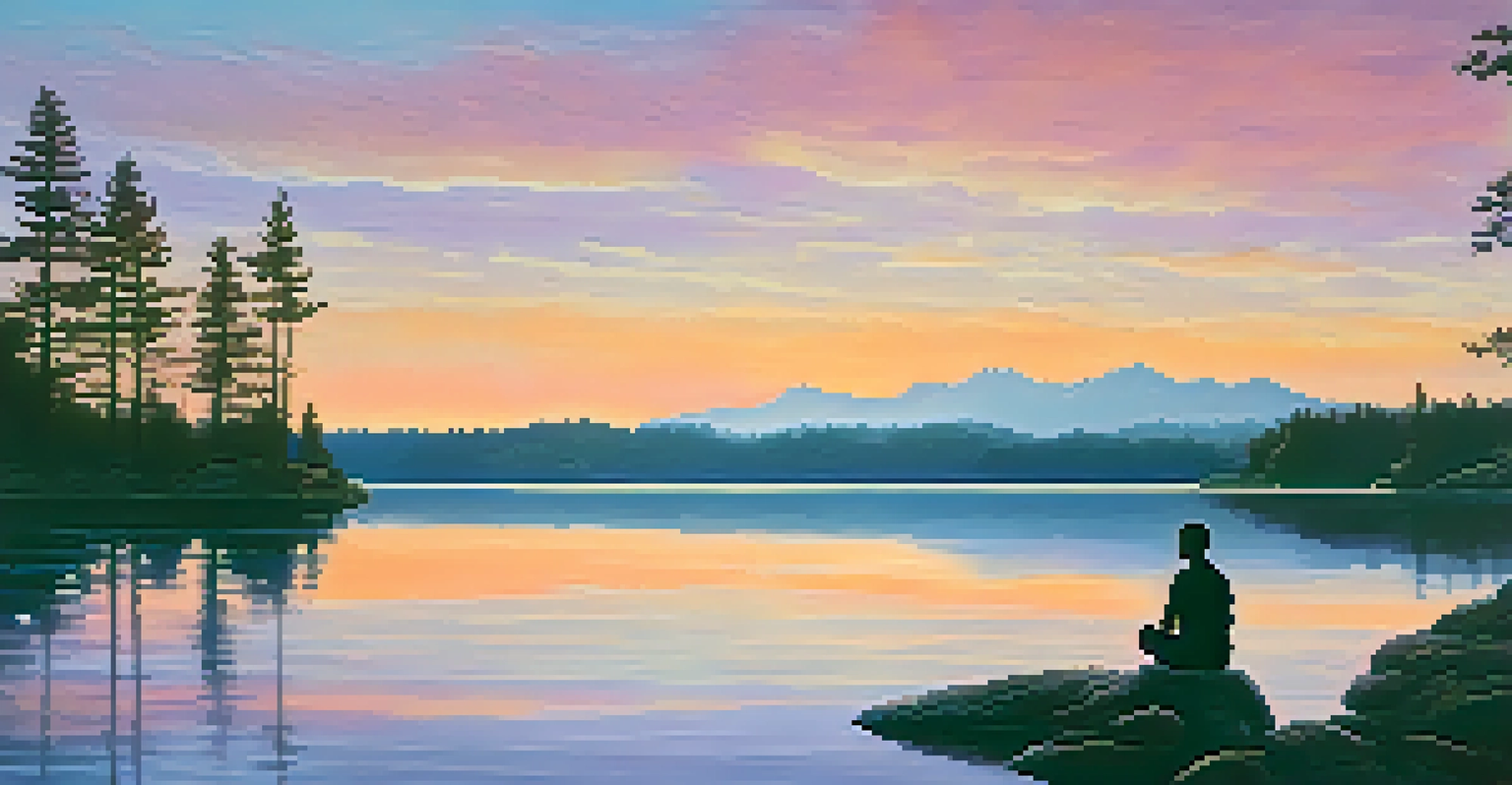 A person meditating by a lakeside at sunset, with colorful skies reflected in the water.