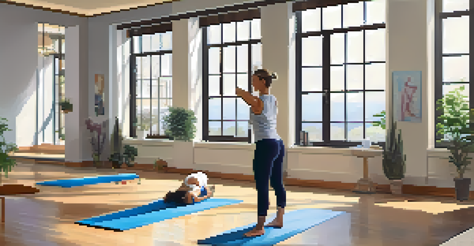 A physical therapist assisting a patient with rehabilitation exercises in a bright therapy room filled with exercise equipment.