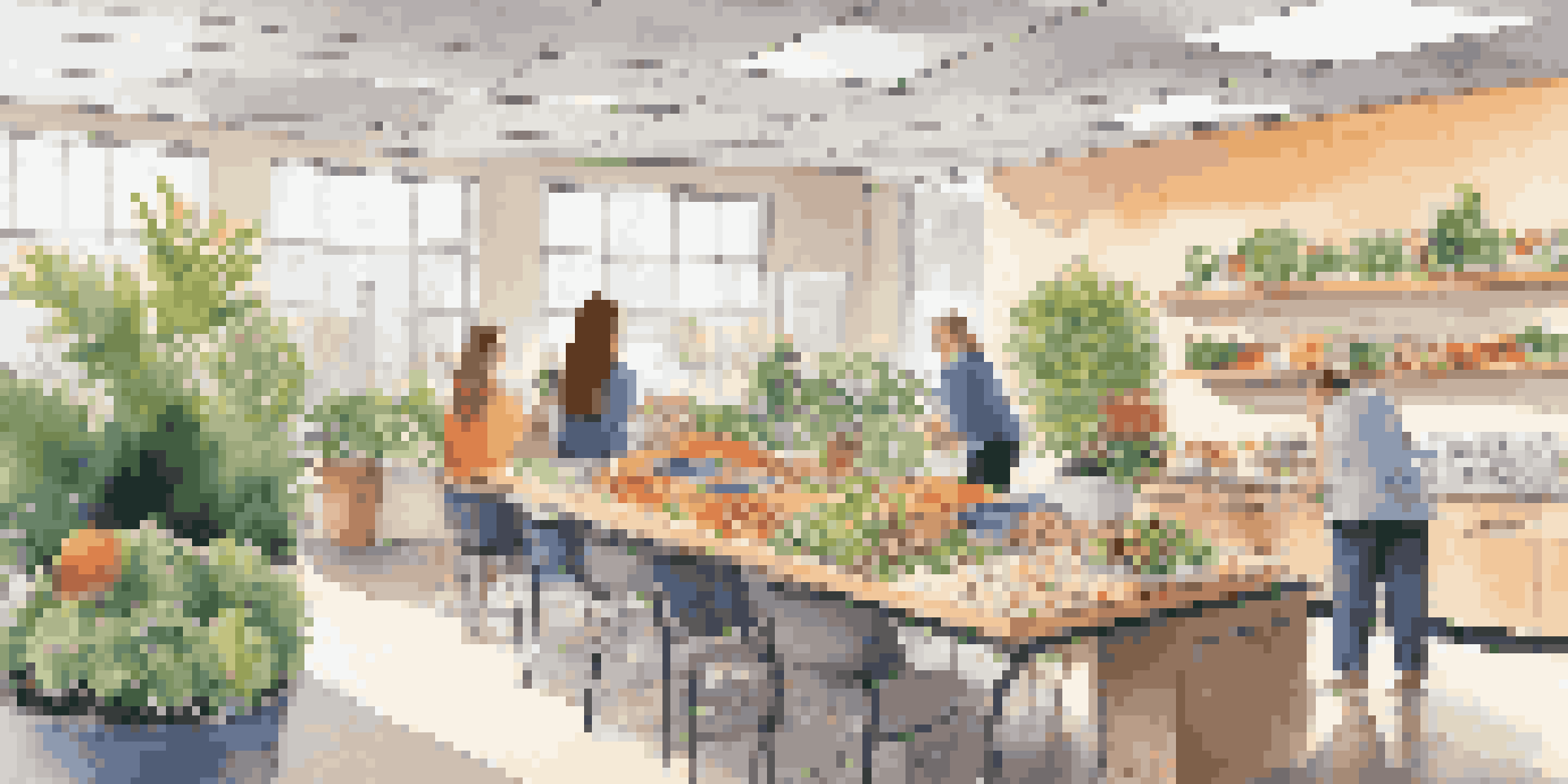 An office break room with employees enjoying healthy snacks like fruits and nuts, surrounded by plants and natural light.