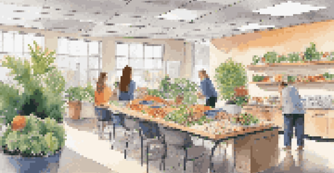 An office break room with employees enjoying healthy snacks like fruits and nuts, surrounded by plants and natural light.