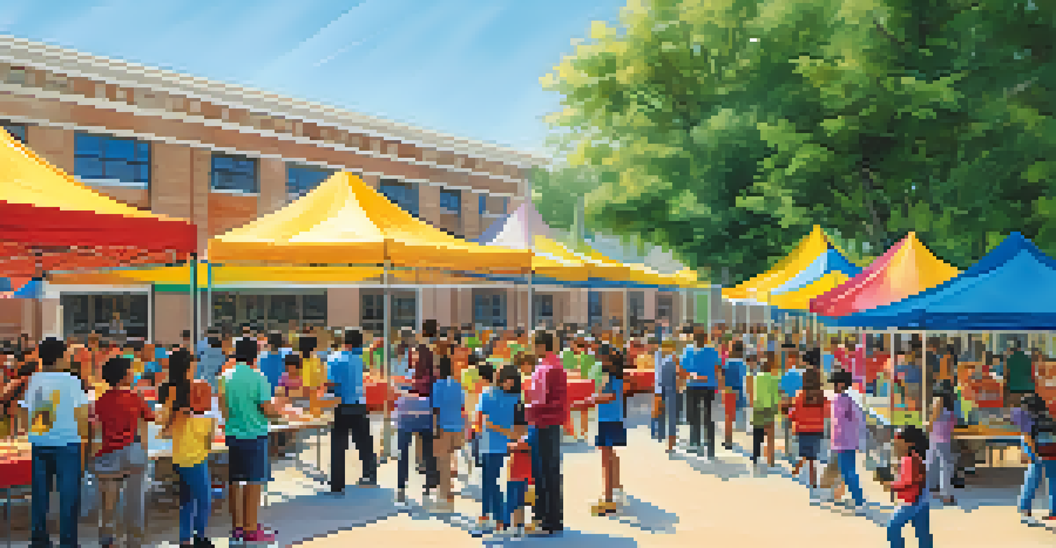 A lively school community event with parents, students, and educators participating in activities, promoting engagement and support.