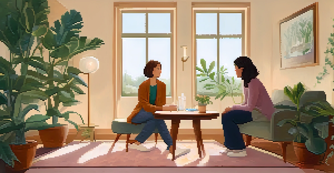 A therapist and a young woman engaged in a supportive counseling session in a cozy room filled with plants and soft colors.