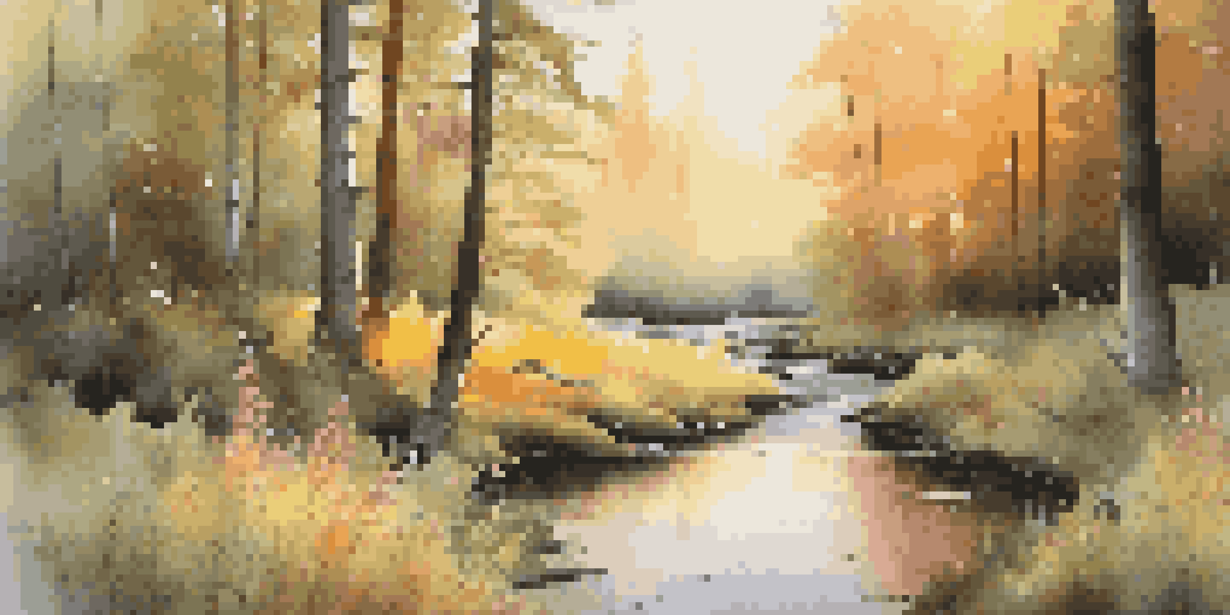 A peaceful forest at sunrise with golden light, trees, wildflowers, and a small stream.