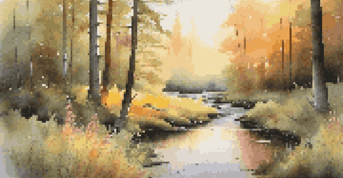 A peaceful forest at sunrise with golden light, trees, wildflowers, and a small stream.