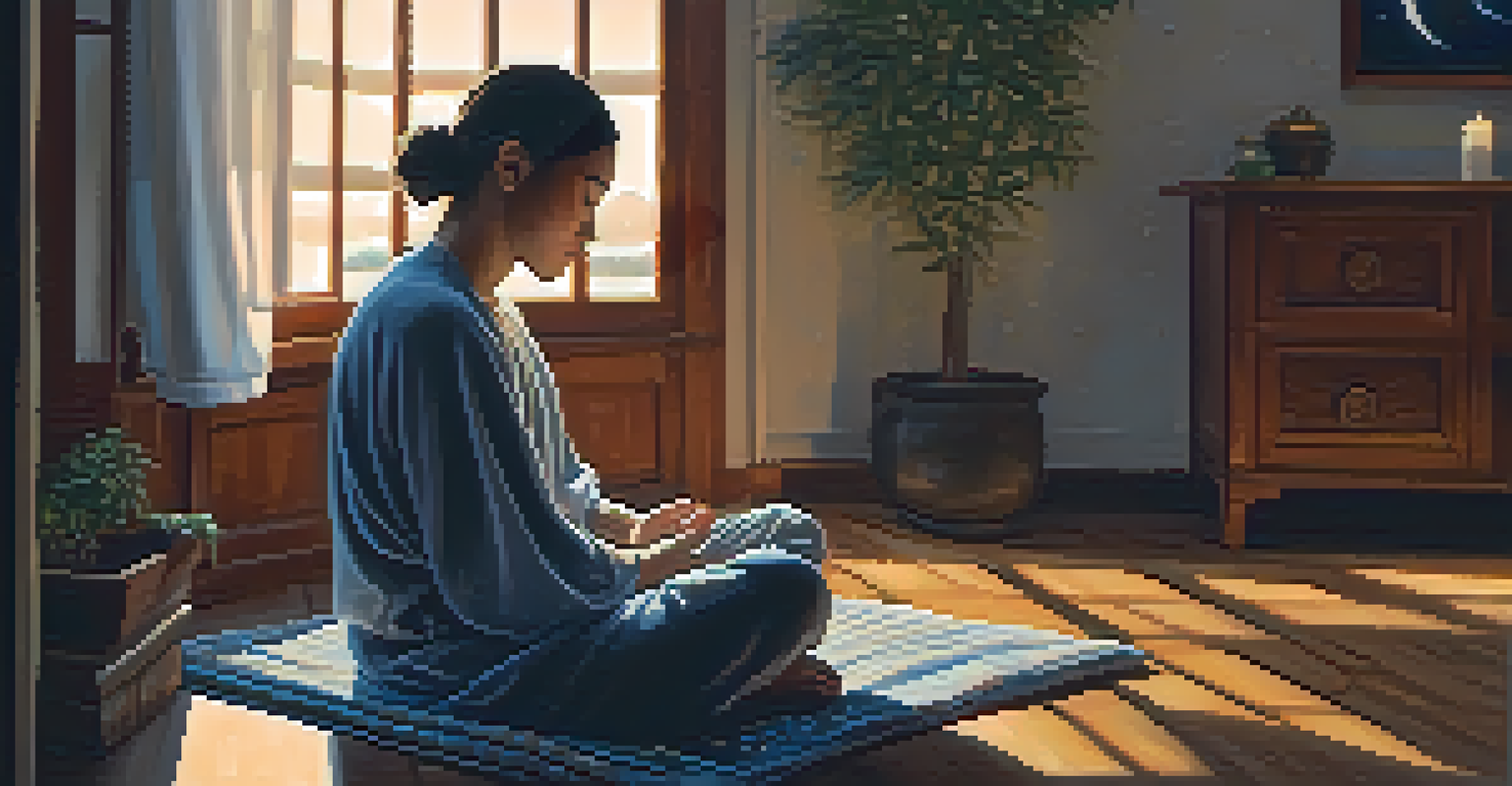 A person meditating in a softly lit room, surrounded by a calming night sky view, capturing the tranquility of meditation.