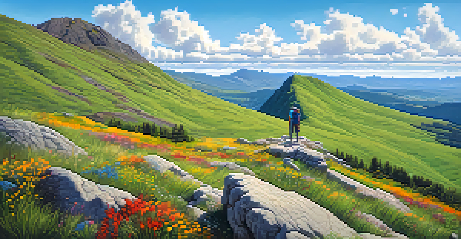 A hiker on a rocky outcrop overlooking a beautiful mountain landscape with wildflowers in the foreground.