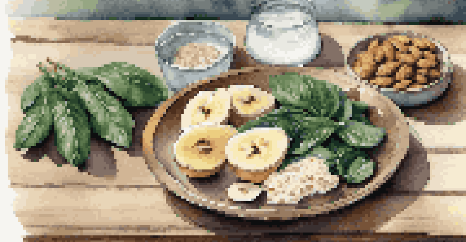 A plate of sleep-promoting foods like almonds, spinach, and a banana, arranged on a rustic table with a glass of water.