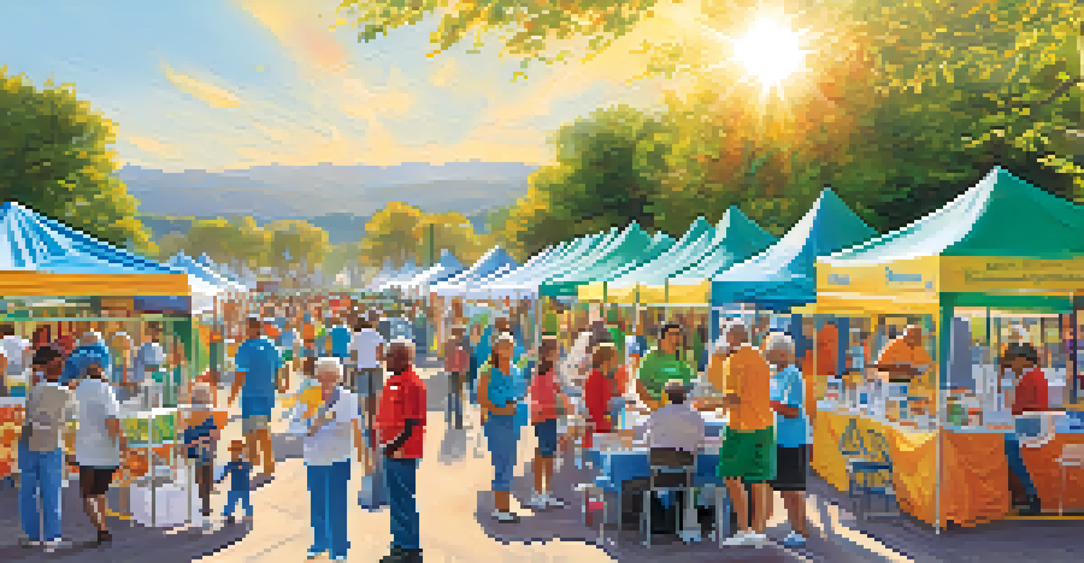 An outdoor health fair with booths offering health screenings, colorful tents, and people engaging with healthcare professionals.