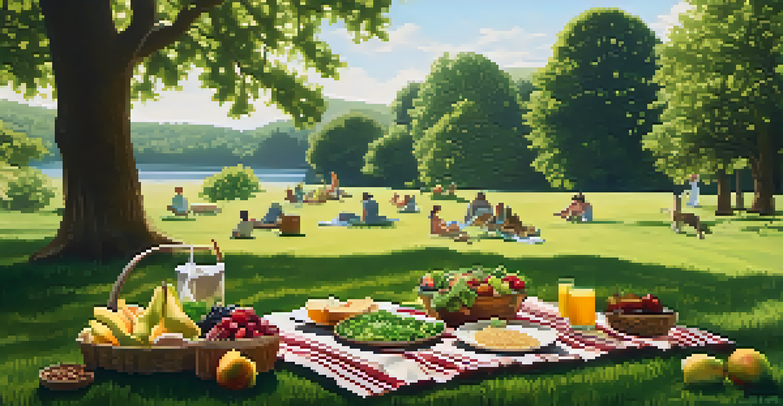 An outdoor picnic with healthy foods on a blanket in a green park, showcasing a connection with nature and nutrition.