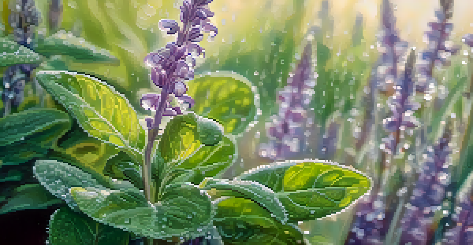 A close-up of fresh clary sage leaves and flowers with water droplets, set against a softly blurred background.