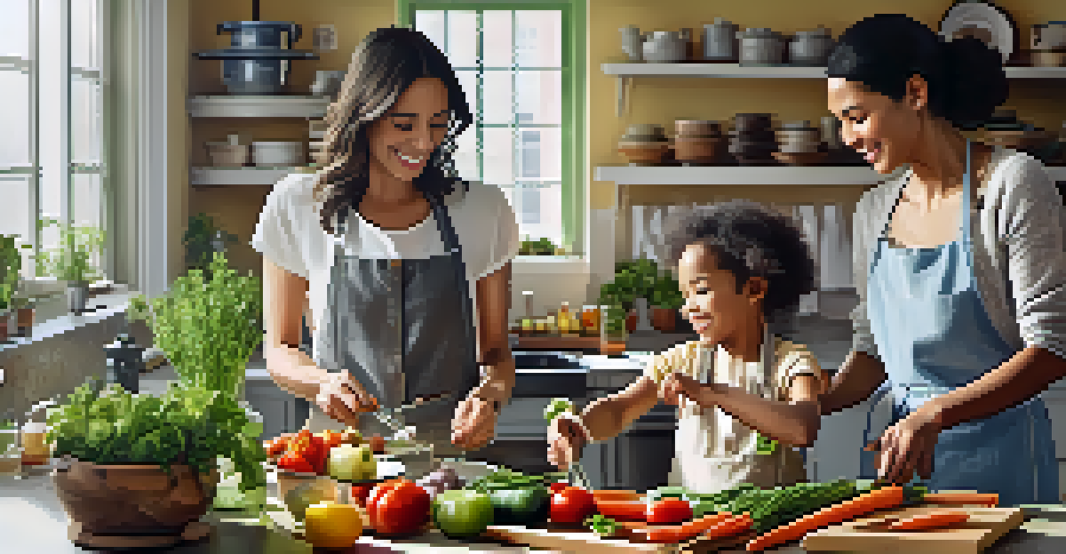 A family joyfully cooking in a kitchen, teaching and learning about healthy meal preparation together with fresh ingredients.