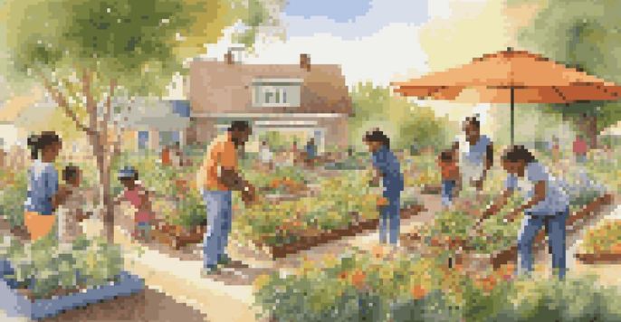 A lively community garden with families engaging in gardening activities, children planting seeds, and colorful flowers under warm sunlight.