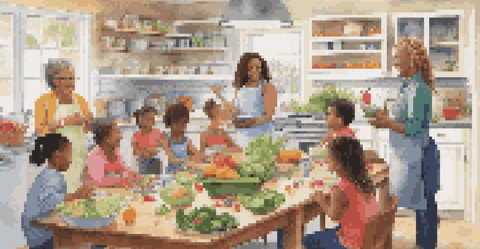 A cooking class with adults and children learning about healthy meals in a bright kitchen, surrounded by fresh produce and nutrition posters.