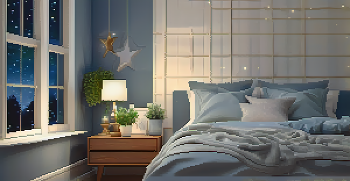 A peaceful bedroom at night with soft lighting, a neatly made bed, and a starry sky visible through the window.