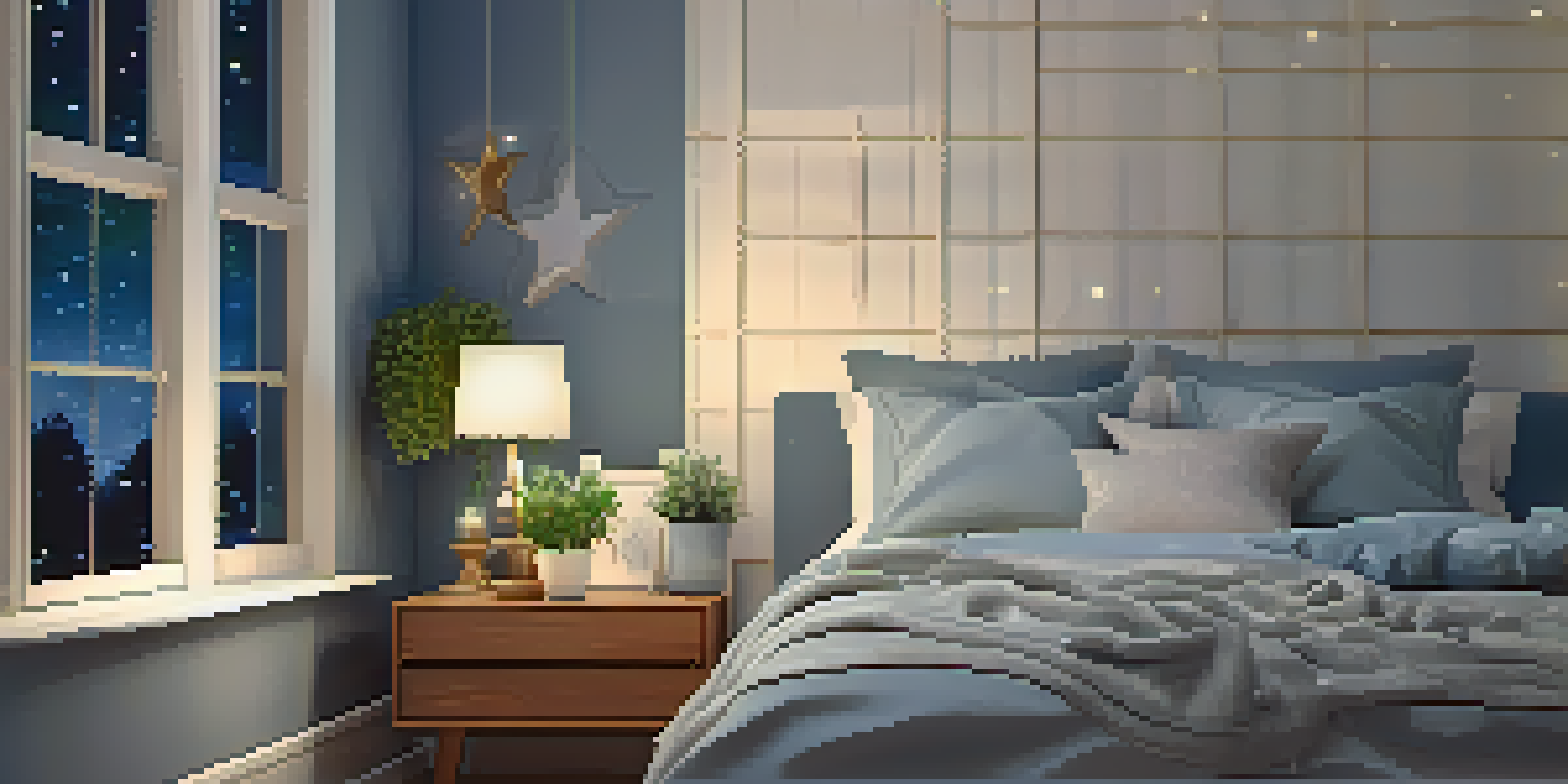A peaceful bedroom at night with soft lighting, a neatly made bed, and a starry sky visible through the window.