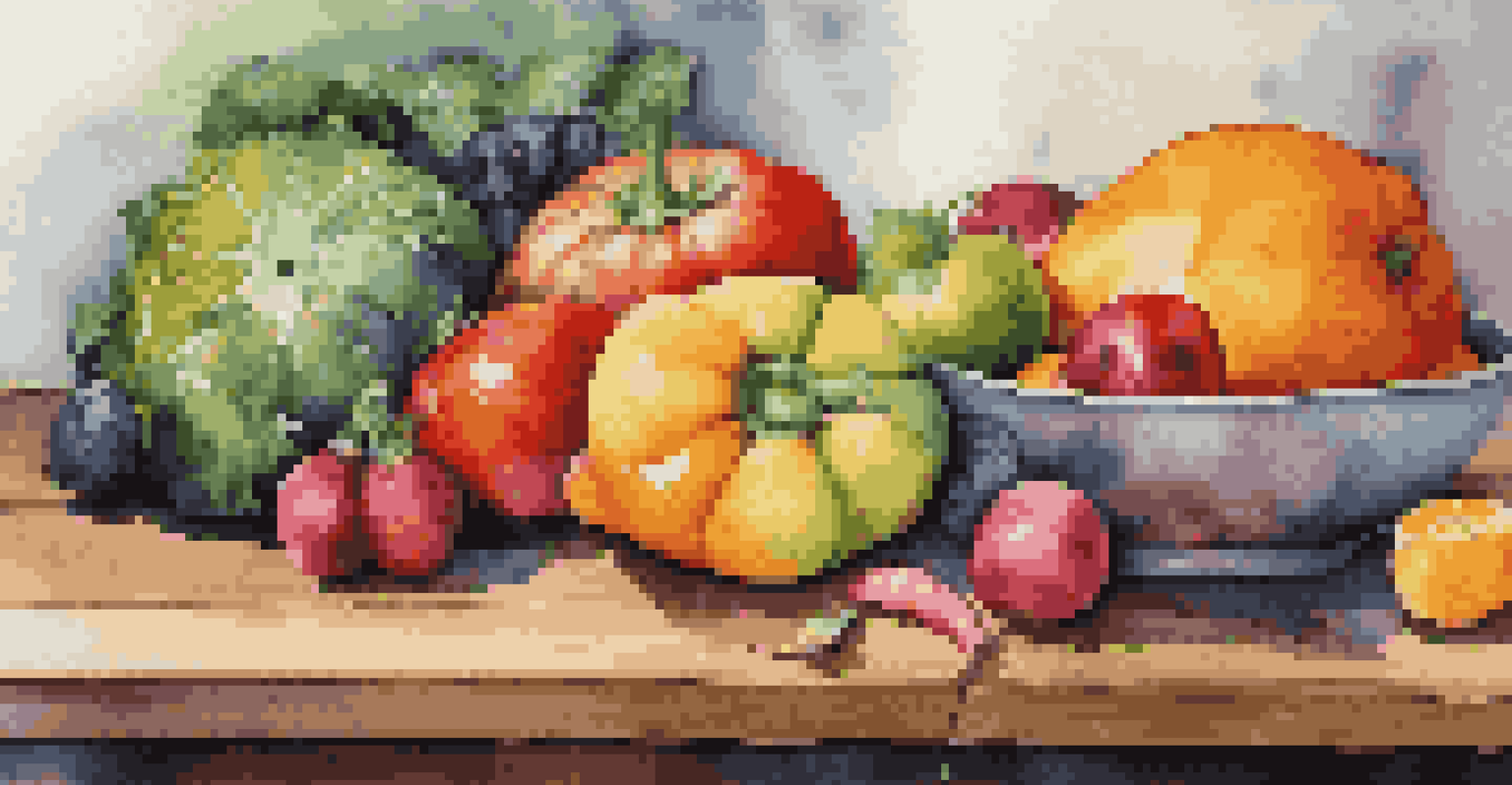 A still life of fresh fruits and vegetables on a wooden table, showcasing vibrant colors and textures that emphasize healthy nutrition.