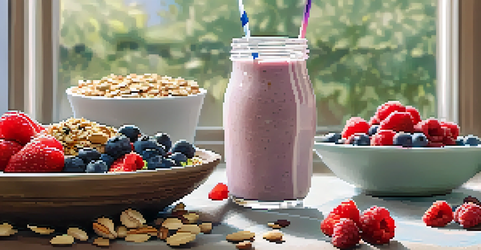 A breakfast table with Greek yogurt, fresh berries, a green smoothie, and oatmeal with nuts, all illuminated by natural light.