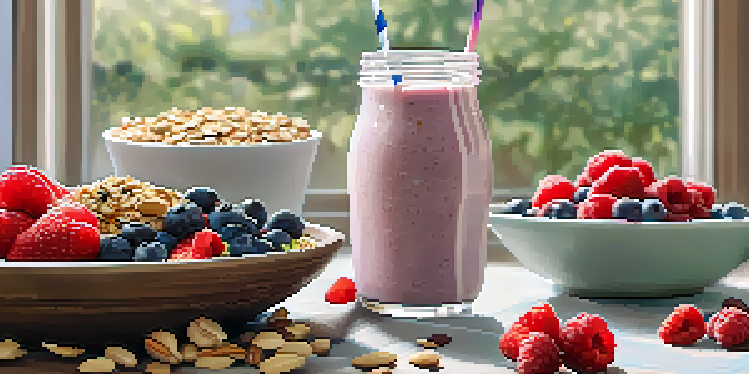 A breakfast table with Greek yogurt, fresh berries, a green smoothie, and oatmeal with nuts, all illuminated by natural light.