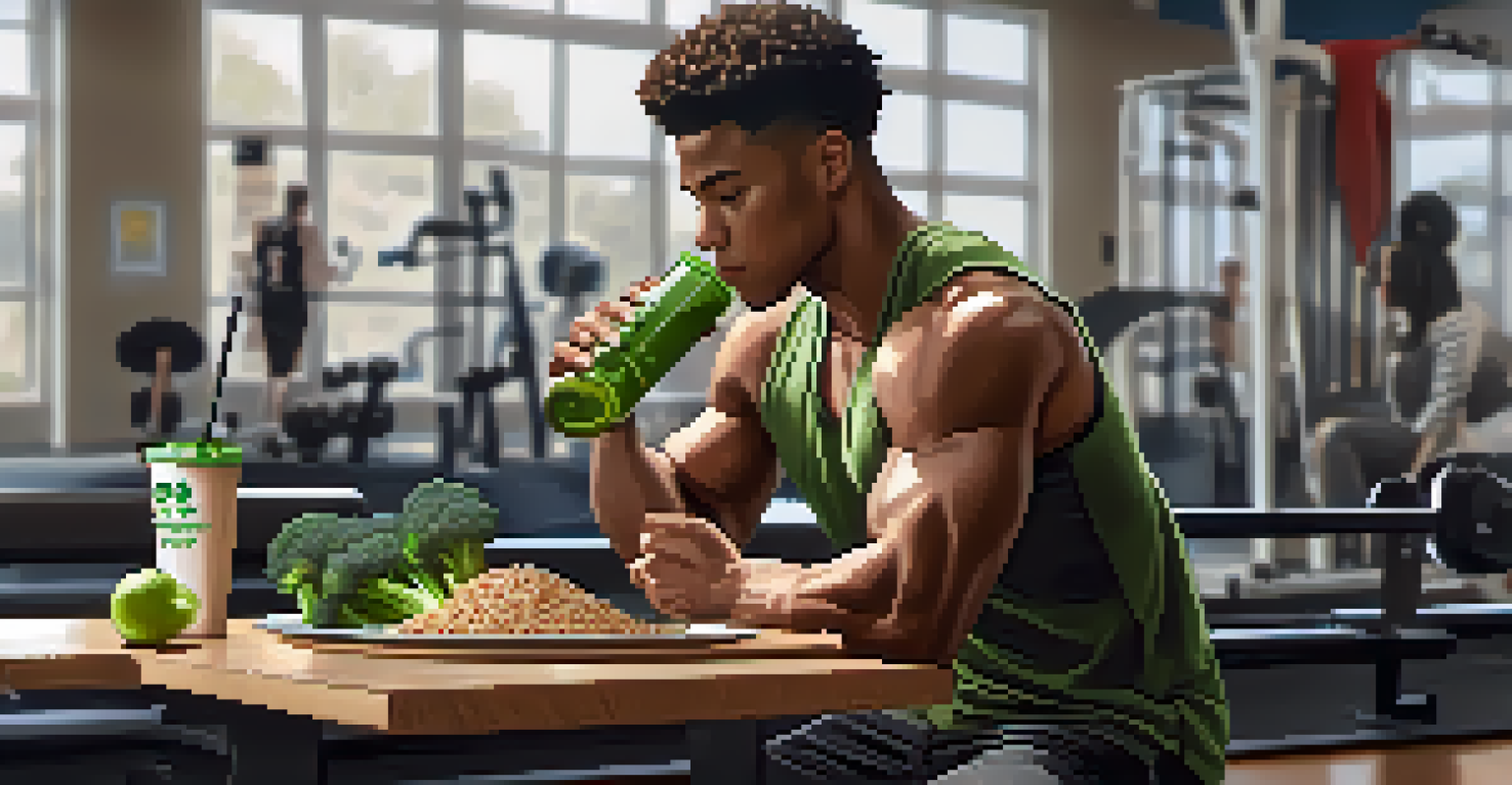 An athlete enjoying a protein shake and a healthy meal of grilled chicken, quinoa, and broccoli in a gym.