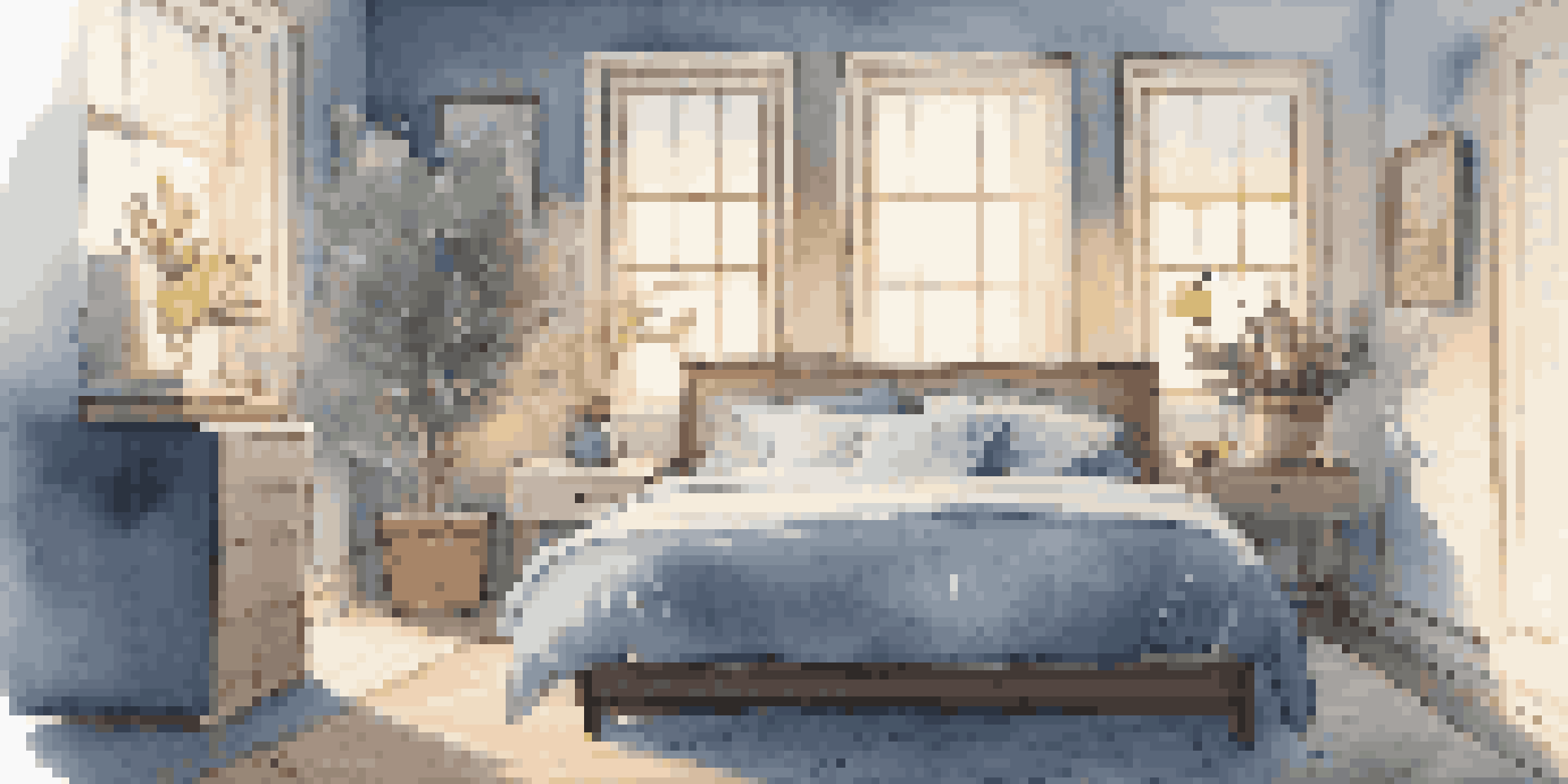 A calming bedroom scene designed for restful sleep, featuring a comfortable bed, warm lighting, and a peaceful nighttime view.