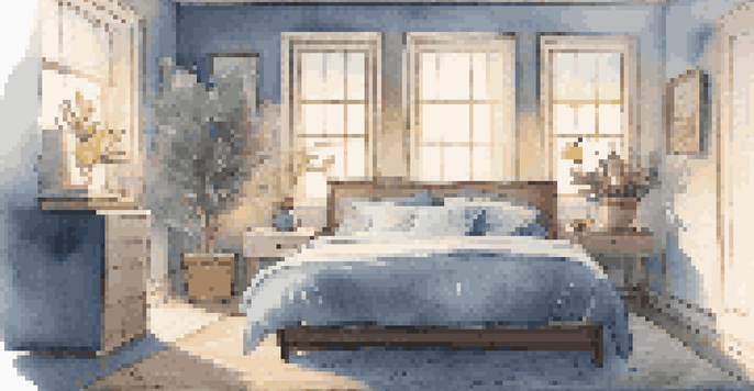 A calming bedroom scene designed for restful sleep, featuring a comfortable bed, warm lighting, and a peaceful nighttime view.