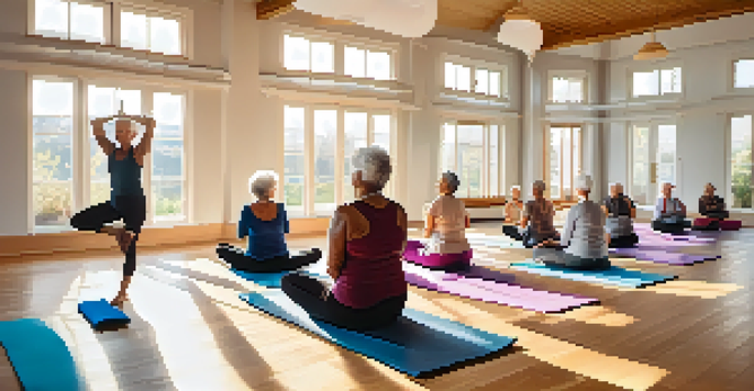 A group of seniors practicing yoga together in a bright studio with sunlight streaming through windows.