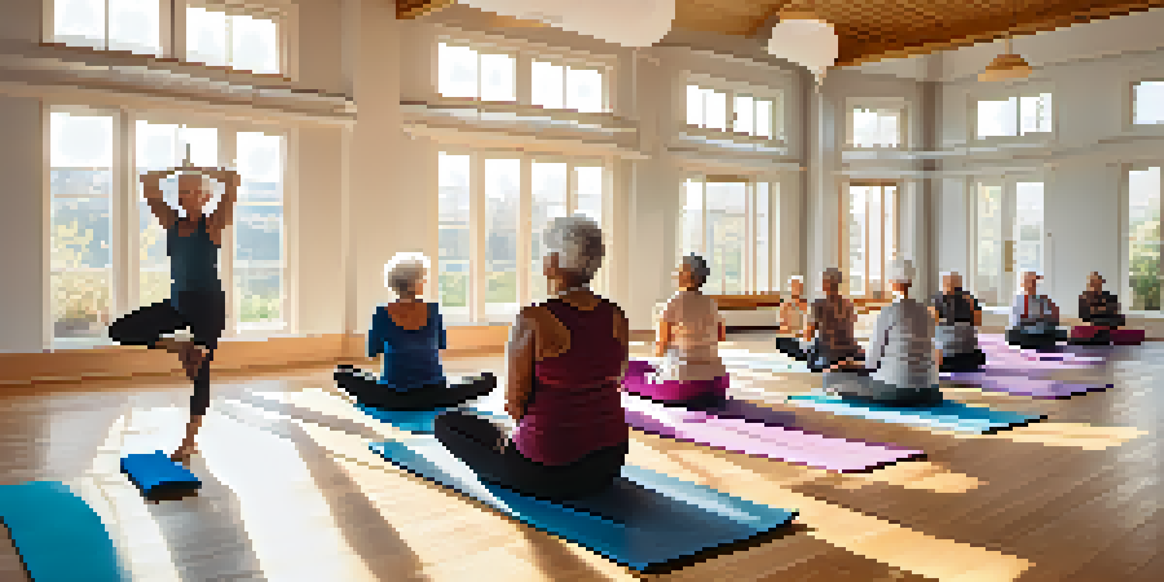 A group of seniors practicing yoga together in a bright studio with sunlight streaming through windows.