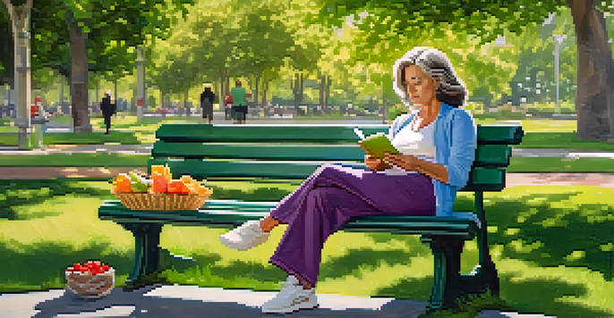 A middle-aged woman journaling on a park bench surrounded by greenery and flowers, representing a health journey.
