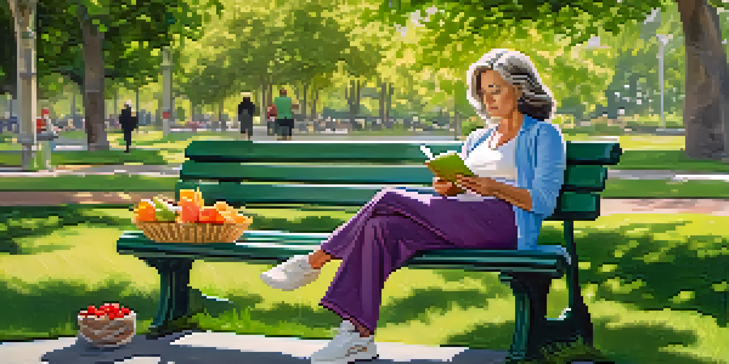 A middle-aged woman journaling on a park bench surrounded by greenery and flowers, representing a health journey.